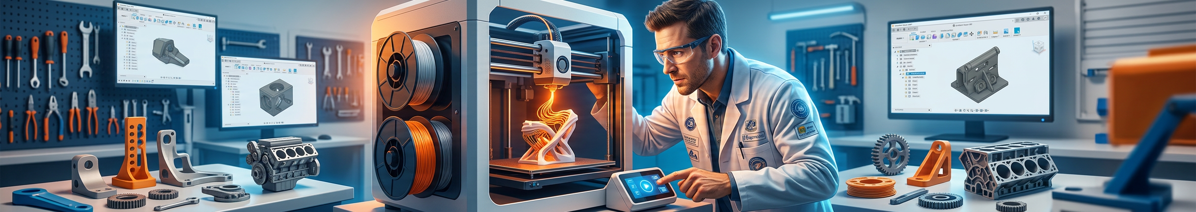 Two individuals operating a precision measurement device and inspecting a component in a lab environment, symbolising advanced manufacturing and 3D printing technology.